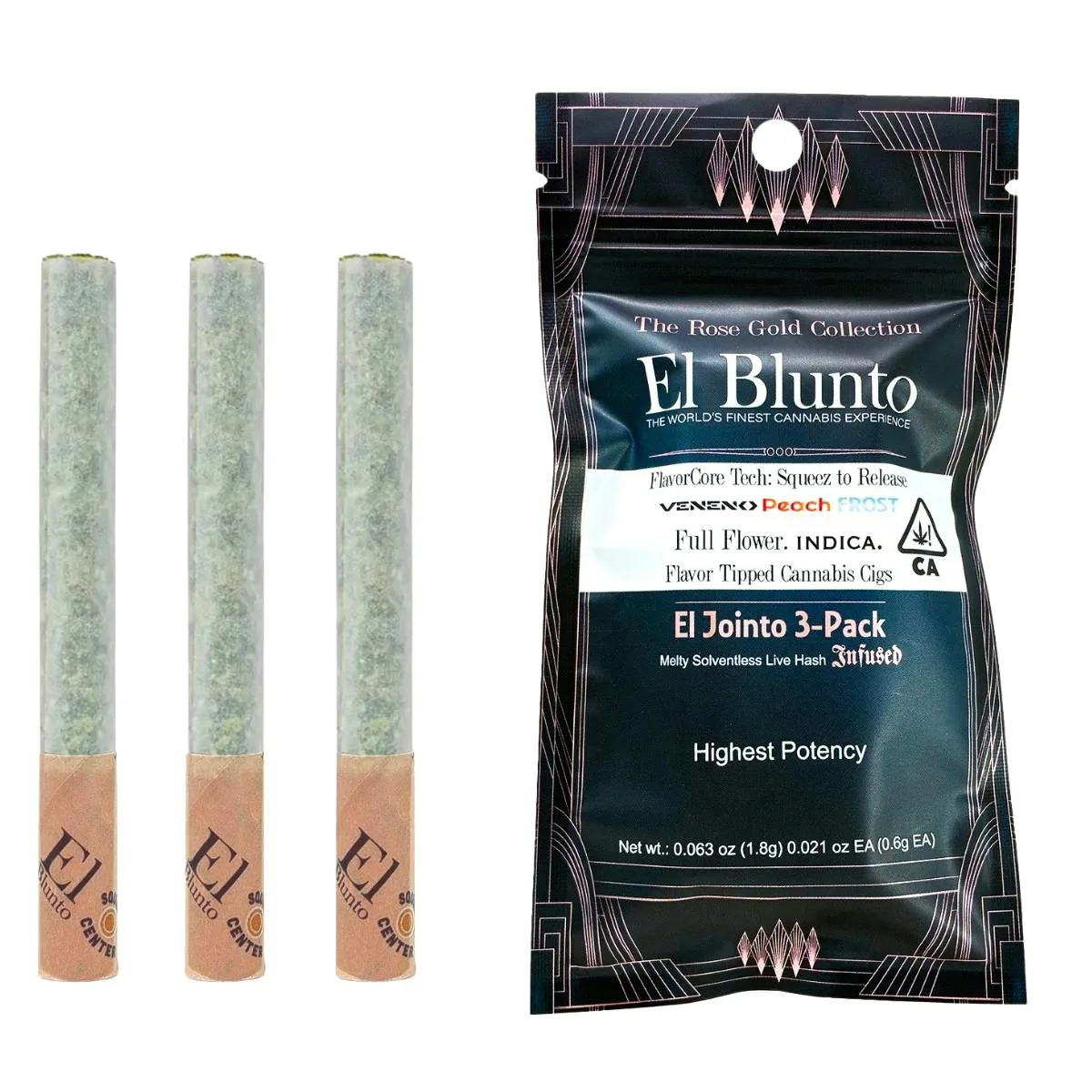 Pré-enrolado de THC El Blunto El Jointito FlavorCore - Veneno Peach Frost - Hash infusionado - 3 unidades x.6g